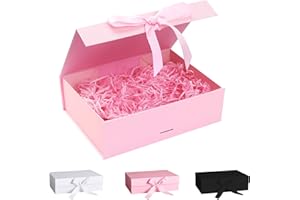 GRANTOP Pudełko prezentowe z kokardką, pokrywką i wstążką – magnetyczne pudełko z rozdrobnionym papierem na wesele, urodziny, Boże Narodzenie, jubileusz (różowe, 27 x 19 x 8 cm)