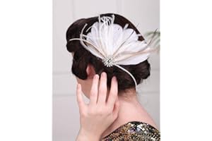 Anglacesmade 1920s Headpiece Flapper White Feather Hair Clip Crystal Roaring 20s Accessories Prom Party Festival Hair Jewelry for Women and Girls