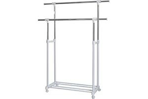 LOVE !T STORE !T LOVE IT STORE IT - Portemanteau sur roulettes - Avec 2 tringles à vêtements, réglable en hauteur et extensible latéralement - Très stable - Blanc/Chrome