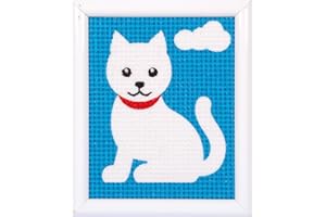 Vervaco Kit Creatif Enfant Point De Croix Kit Complet Motif Broderie A WHITE CAT Debutant Deco Activité Manuelle Enfant Cadeau DIY Kit Artiste Kids Crafts Cross Stitch ca. 12,5 x 16 cm