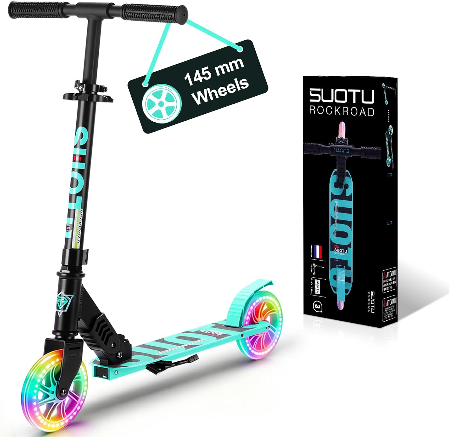 SUOTU Patinete Niño con Grandes Ruedas Iluminadas de 145 mm, Carga Máxima: 100 kg, Scooter para Niños de 3 a 12 Años, Plegable, Volante Ajustable Altura, Aluminio