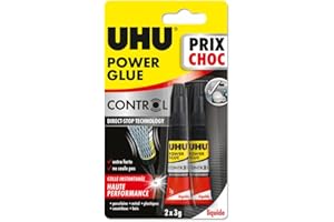 UHU Power glue liquide control - colle extra forte, instantanée, technologie anti-goutte, sans solvants, transparente, tubes 2x3g