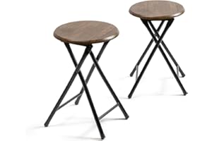 THE SECRET HOME - Pack de 2 Taburetes Plegables de Madera y Metal - Alto. 45 x Ø30 cm - Banqueta sin Respaldo - Ideal para Cocina, Terraza o Jardín - Color Madera Oscura
