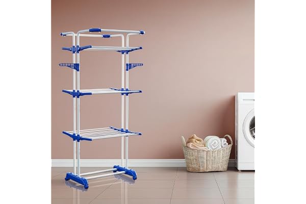 PARASNATH 3 Poll Steel Blue Colour Cloth Drying Stand Multiple Folding Arms, Castor Wheels with Brake, Special Epoxy Coated Pipes for Rust Resistance - 6 Year Manufacturer Warranty - Made in India