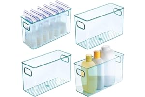 mDesign Juego de 4 cestas organizadoras para cuarto de bebé – Contenedor plástico grande con prácticas asas – Caja para juguetes, peluches o pañales en plástico libre de BPA – azul claro
