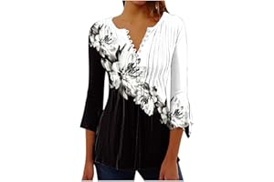 NUSGEAR Camiseta Manga Corta Mujer Verano 2023 Moda Impresión Camisa 3/4 Manga Blusa Cuello en V Botones Plisada Camiseta Elegant Suelto Tops Casual Fiesta Cómodo T-Shirt Original tee Playa