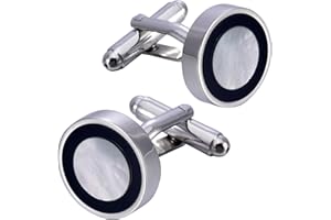 Jonwo Natural Mother of Pearl Men's Cufflinks with Dark Blue Circle In Gift Case Silver Round Cufflinks for Men Jewelry for Wedding Party Business Birthday Anniversary Dress