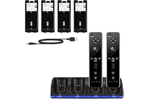 NCONCO Stazione di ricarica Wii 4 in 1 stazione di ricarica per controller Wii con 4 batterie ricaricabili e indicatori LED per telecomando Wii (nero)