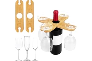 VEXRAN Juego de 2 Soporte para Copas de Vino Madera de Bambú, Soporte Madera para 4 Copas, Soportes Madera para Picnic, Boda, Fiesta