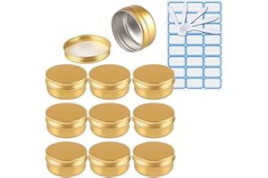 ZEOABSY 10 Pezzi Barattoli di alluminio 50ml a Vite Oro Scatola in Alluminio Forma Rotondo, Vasetti per DIY Candele Cosmetico Caramella Gadget Balsamo Labbra, 1x Etichette e 5x Spatola