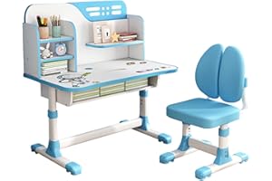 Luojuny Schreibtisch- und Stuhl-Set für Kinder, höhenverstellbar, mit Astronauten-Muster, ergonomischer Schreibtischstuhl mit großer Schreibtafel, Bücherregal und Schublade, Rosa, Blau, 2-teiliges Set