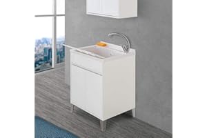 Inbagno Mobile Lavanderia con lavatoio in Resina Linea Way, L.59,3xP.49,8xH.85,5 cm, 3 colorazioni Disponibili, Include ASSE lavapanni e Kit sifone+piletta (Bianco Lucido)