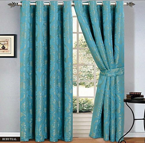 Supreme Beeding Jacquard Eyelet Ring Top Pair of Fully Lined Curtains With 2 Matching Tie Backs (Ruby Teal, 90" W X 72" L)