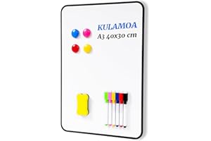KULAMO Magnetyczna tablica suchościeralna A3, 40 x 30 cm, zmywalna na sucho, dwustronna, z pisakami zmywalnymi na sucho, dla dzieci, uczniów, klas, przyborów szkolnych, nauki, pisania