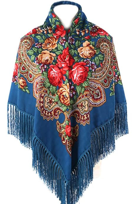 Sciarpa Russa Pavlovo Posad In Lana 100% Con Frange Di Seta - 89x89 Cm, Turchese