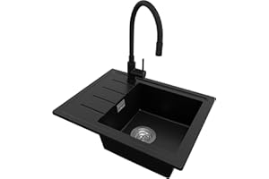PRIMAGRAN Evier Cuisine en Granit Noir 55x44cm, Lavabo 1 bac + Robinet 40x38cm + Kit de Vidage, Évier à Encastrer al mueble 45cm - Copenhague Easy