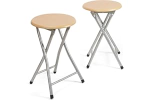 THE SECRET HOME - Pack de 2 Taburetes Plegables de Madera y Metal - Alto. 45 x Ø30 cm - Banqueta sin Respaldo - Ideal para Cocina, Terraza o Jardín - Color Madera Natural