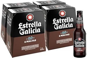 Estrella Galicia 0,0 6 Maltas - Cerveza Lager sin Alcohol, Pack de 4 x 6 Botellas de 25 cl, Sabor Intenso y Equilibrado, Aroma a Maltas Tostadas, Caramelo y Café, 0% Volumen de Alcohol