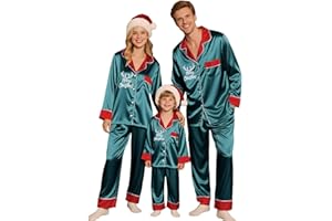 C'est TT Weihnachtspyjama Familie Set Satin Weihnachts Pyjama Damen Herren Kinder Seiden Schlafanzug mit Knopfleiste Lang Zweiteiliger Nachtwäsche Christmas Pajamas Loungewear Matching Hausanzug