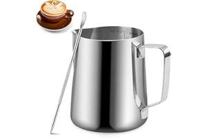 Milukon Milk Frothing Pitcher, 350ml Stainless Steel Milk Jug with Measurement Mark and Decorating Pen for Making Latte Art and Cappuccino Coffee, Silver/12OZ
