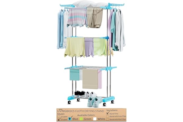 LIVINGBASICS 3 Tier Premium Heavy Duty Stainless Steel Foldable Cloth Drying Stand/Clothes Stand for Drying/Cloth Stand/Clothes Dryer/Laundry Racks for Drying - Indoor/Balcony (Cyan Blue)
