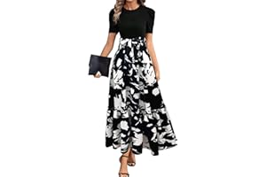 MOKBAY Damen Kleid Blumenmuster Rundhals Taillenschnürung Maxikleider Sommer Lockeres Boho-Kleid Schöne Kurzarm Sommerkleider