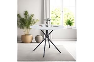 Hallowood Furniture Cullompton Small Marble Effect Top White Dining Table with Black Cross Metal Legs, Modern Round Table for Dining Rooms, Kitchens (90cm)