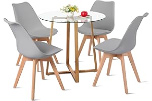 DORAFAIR Juego de Mesa de Comedor y Sillas, 1 Mesa + 4 Sillas, de Diseño Nórdico, Mesa de Cristal Templado y Sillas Gris