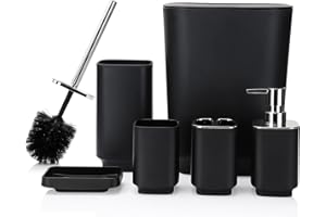 JOTOM 6 Pieces Bathroom Accessory Set Luxury Plastic Bathroom Accessories Set Trash Can Toilet Brush Set Toothbrush Holder Tumbler Soap Dish Soap Dispenser Bath Set Gift (Black)