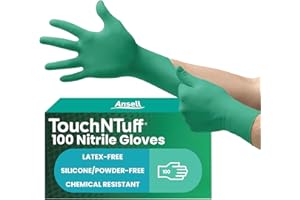 Ansell TouchNTuff 92-600, Nitrile Disposable Gloves, Food Grade Approved, High Protection Chemical Gloves, Latex Free, for Professional Use, Green, Large, 100 Pieces