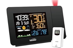 YOUSHIKO Radio Control (Official 2025 MSF UK Version) Projection Alarm Clock Outdoor Sensor, Weather Station, Bedroom Projector Dimmable Clock Dual Alarms LCD Display Date Time Temperature Humidity