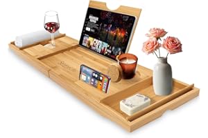 SereneLife Bandeja para bañera, Desayuno, Impermeable, Brazos Plegables, Jabonera, Baño, Soporte para Copa de Vino, Libro, Movil, Tablet