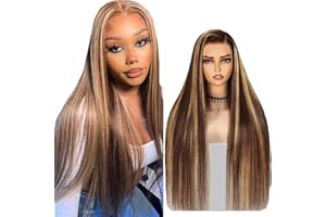 Gsoroel 13x4 Swiss Lace Front Human Hair Wig Cheveux Humain Glueless Wig Unprocessed Brazilian Virgin Human Hair Straight P427 Highlight Brown Pre Plucked With Natural Hairline 16 Inch