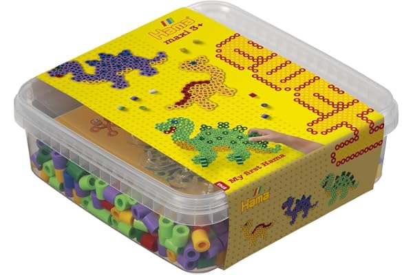 Hama Perlen 8742 Dinosaures avec env 600 Perles à Repasser Maxi de Couleur avec Un Diamètre de 10 mm, Plaque à Broches Transparente, Papier à Repasser Inclus, pour s'Amuser en Bricolant