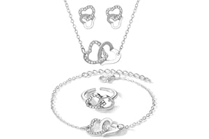 KONFEN Conjuntos de Joyería de las Mujeres, Boda Brillantes Joyas de Piedras Preciosas, Doble Amor Collar Ajustable, Pendientes y Pulsera de Anillo de Cumpleaños Bodas Regalos, Oro/Plata/Oro rosa