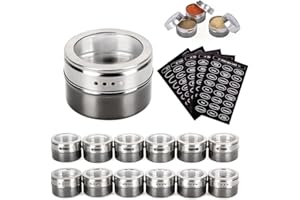KINGMATE Juego de 12 Botes para Especias Magnéticos de Acero Inoxidable Organizador Especias Cocina Spice Jars, Etiquetas Incluidas, Gris