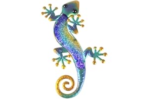 Liffy Metal Gecko Outdoor Wall Decor Lizard Garden Art Blue Hanging Glass Decorations for Patio or Fence, 15.2 Inches Long