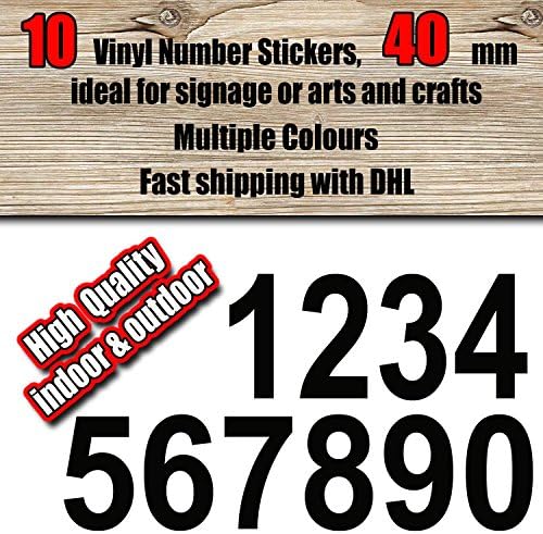 10 x Vinyl Number Stickers Numbers 40 mm/4 cm " VINYL Stickers HIGH QUALTITY self adhesive for indoor & outdoor for signage or arts and crafts,suitable for use at home, school or work, Multiple Colours, Sticker Decal,Weatherproof,Adress, Domain, website,Name, for Boat, Bike Jetski, car,Racing Number, Start, Racingnumber
