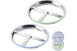 VEXRAN 2 platos para bebé de acero inoxidable, platos infantiles con ventosas, platos para bebé antideslizantes con tres compartimentos y funda de silicona infantil extraíble