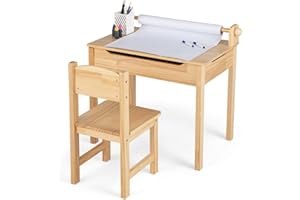 GYMAX Kids Desk and Chair Set, Wooden Children Art Table with Storage Space, Paper Roll and Markers, Lift-up Tabletop Design, Toddler Study Desk Set for 3 Years Old + Boys Girls (Natural)