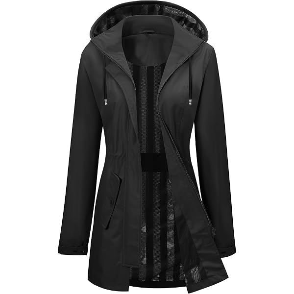 JMKEY Giacca Impermeabile Donna Con Cappuccio – Cappotto Antipioggia Trench Leggero Con Tabella Taglie Su Foto
