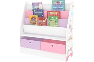 [en.casa] Scaffale per Cameretta con Contenitori a Scaletta per Libri e Scatole Pieghevoli Porta Giochi - Mobile a Misura di Bimbi in Design Unicorno - Viola/Rosa/Bianco
