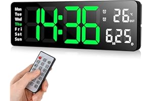 Fuloon Digital Wall Clock, 13 inch Large Display Adjustable Brightness LED Digital Clock with Remote Control, Countdown Clock with Date, Week, Temperature(Plug In Electricity)