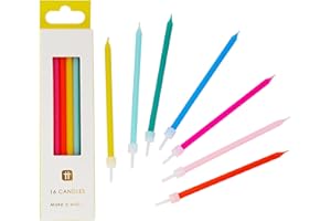 Talking Tables 16 x Colourful Birthday Candles with Holders | Tall Thin Cake Topper Party Decorations in Rainbow Colours, Blue, Yellow, Green, Pink, Red, Orange 10cm