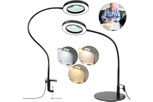Tobegiga Lupe mit Licht und Ständer, 2-in-1 Flexible Schwanenhals-Lupe mit Klemme, 3 Farbmodi Stufenlos Dimmbare Beleuchtete Vergrößerungsglas, Freihändig für Basteln, Malen, Hobby