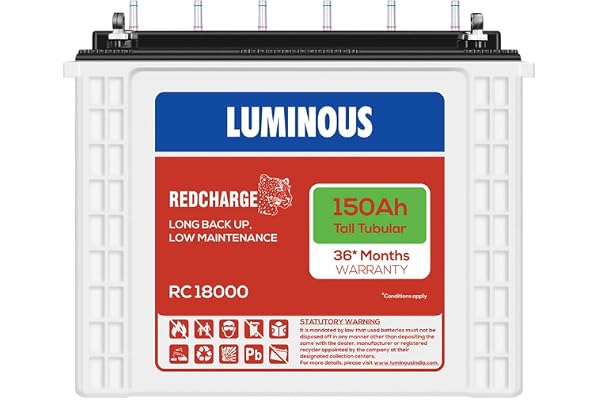Luminous Red Charge RC 18000 Tall Tubular Inverter Battery for Home, Office & Shops 150Ah/12V High-Performance, Durable & Low Maintenance Battery Easy Installation 36 Months Warranty