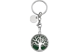 JOVIVI Silver Tree of Life Green Aventurine Crystal Healing Reiki Chakra Natural Gemstone Pendant Keyring Keychain Handmade DIY ID Tag Key Ring