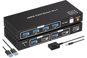 VPFET KVM Switch HDMI 2 Porte 4k120HZ 8K60HZ KVM Switcher per 2 Computer Condividi 1 Monitor e 4 USB 3.0 Supporto del Controllo da tavolo Include 2 cavi USB 3.0 e Adattatori di Alimentazione