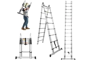 QIMU Aluminum Telescopic Extension Ladder 8.2FT A-Frame Ladder 2-in-1,Portable Multi-Purpose Folding Ladder with Balance Rod,8+8 Steps Adjustable Height,16.4FT in Straight Collapsible Ladder,330lbs Load