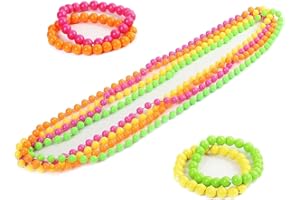 Ginddy 80s Neon Party Accessories,Retro Plastic Bead Necklace & Bracelet Set - 4 Fluorescent Necklaces + 4 Bangles for 70s/80s/90s Fancy Dress, Rave Costume, Pride Festival & Club Night Supplies
